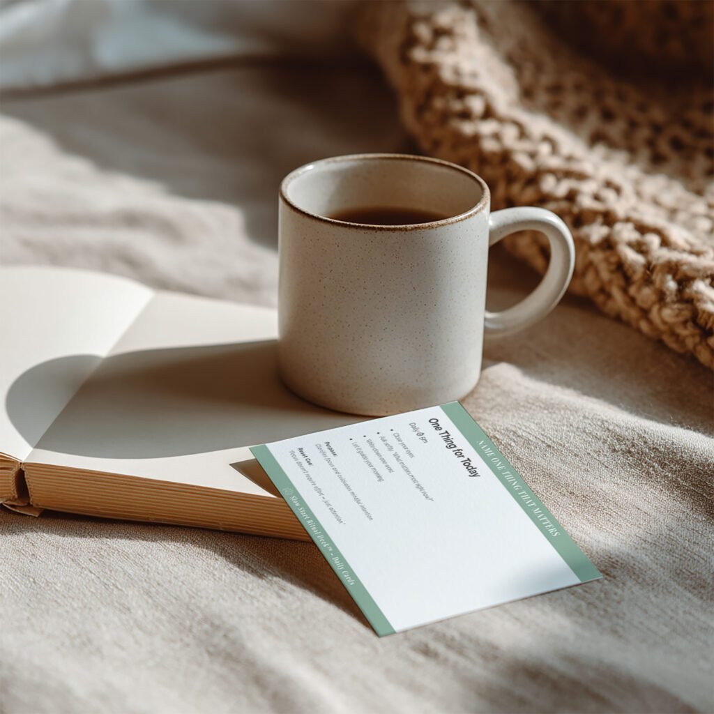 Slow Ritual Cards morning deck with soft light and a warm drink nearby