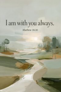 I am with you always Bible verse Christian wall art with quiet path and soft light horizon