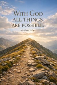 With God all things are possible Bible verse Christian wall art with mountain landscape and light horizon