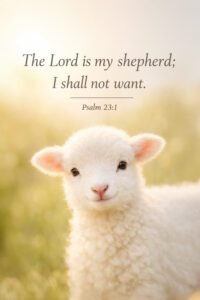 A fluffy lamb standing in a sunlit field with the quote “The Lord is my shepherd; I shall not want” Psalm 23:1, creating a peaceful and warm atmosphere.