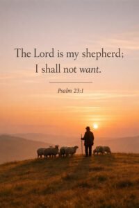 A shepherd standing with sheep on a grassy hill at sunset with the quote “The Lord is my shepherd; I shall not want” Psalm 23:1, creating a calm and serene scene.