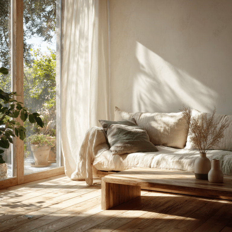 Minimalist Spring Refresh sunny living room with beige sofa, green cushions, light wooden table and soft natural light through curtains