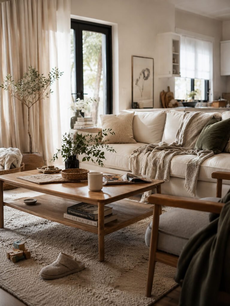 Cozy living room with a sofa, blanket, coffee mug, and natural light creating a warm, slightly lived-in atmosphere before guests arrive.
