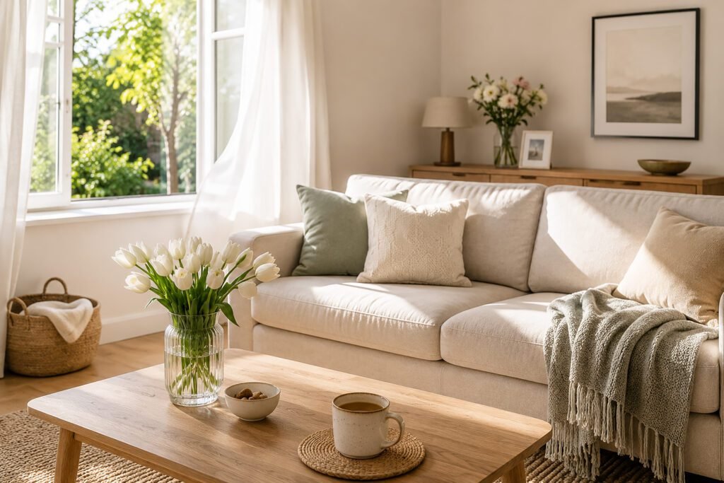 Bright minimalist living room with white tulips, a cozy sofa, folded throw blanket, natural sunlight, and a warm welcoming atmosphere.