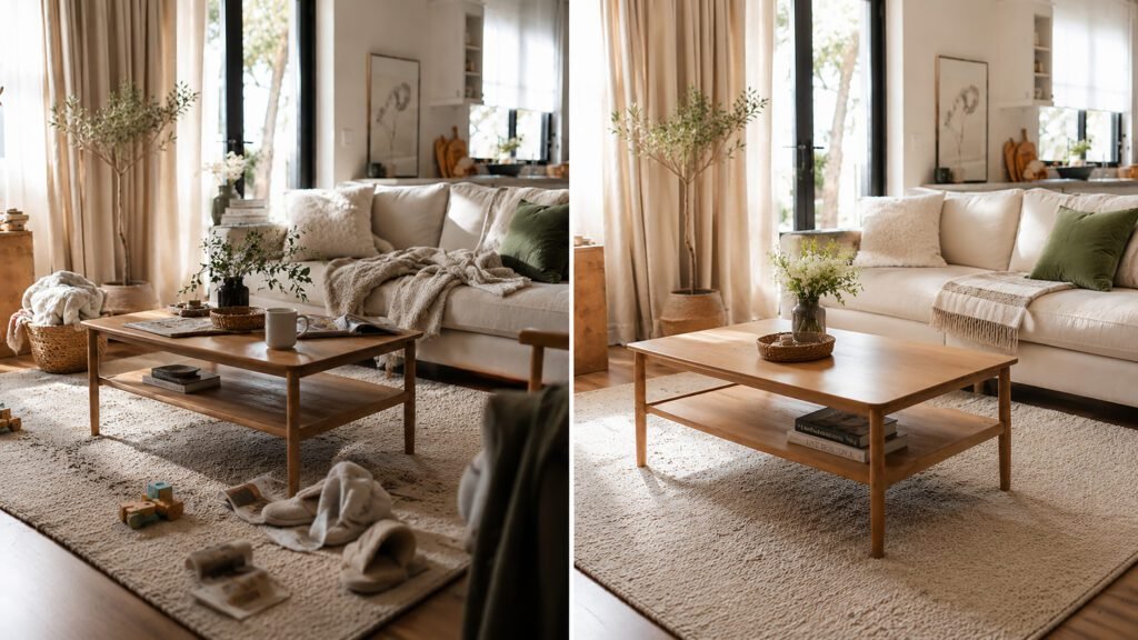 Before and after living room cleaning comparison showing a cozy space transformed from slightly cluttered to tidy and guest-ready in minutes.