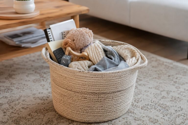 10 Minute Cleaning Before Guests declutter step using a storage basket to quickly collect out-of-place items and reduce visual clutter.