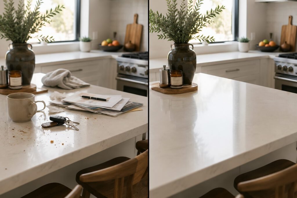 10 Minute Cleaning Before Guests surface cleaning step showing a kitchen counter before and after a quick wipe-down.