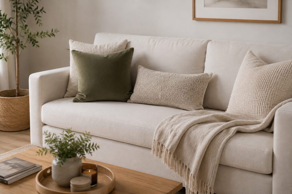 10 Minute Cleaning Before Guests soft detail reset with neatly arranged cushions and a folded throw blanket on a cozy sofa.