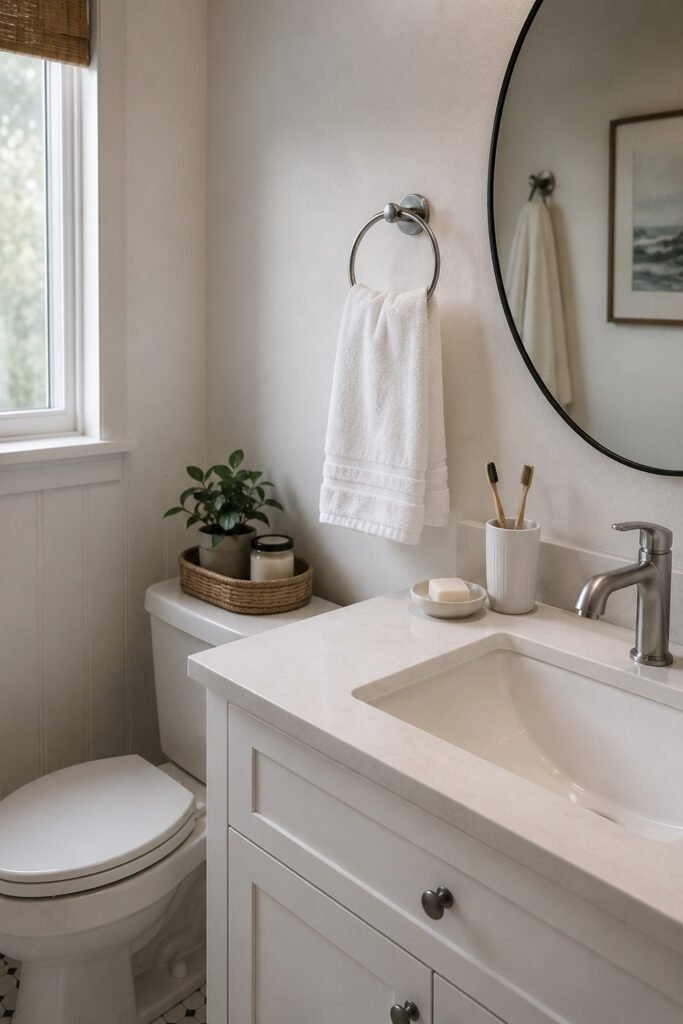 10 Minute Cleaning Before Guests bathroom refresh featuring a clean sink, fresh hand towel, and organized essentials.