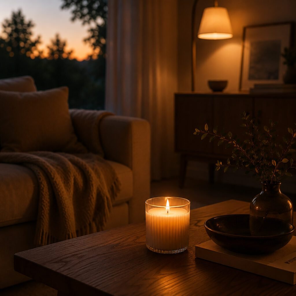 10 Minute Cleaning Before Guests final atmosphere step with warm lighting and a cozy candle creating a welcoming home.