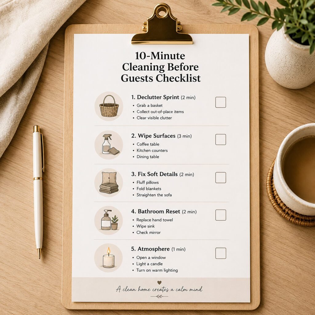 10 Minute Cleaning Before Guests printable checklist featuring a simple five-step routine for a quick home reset.