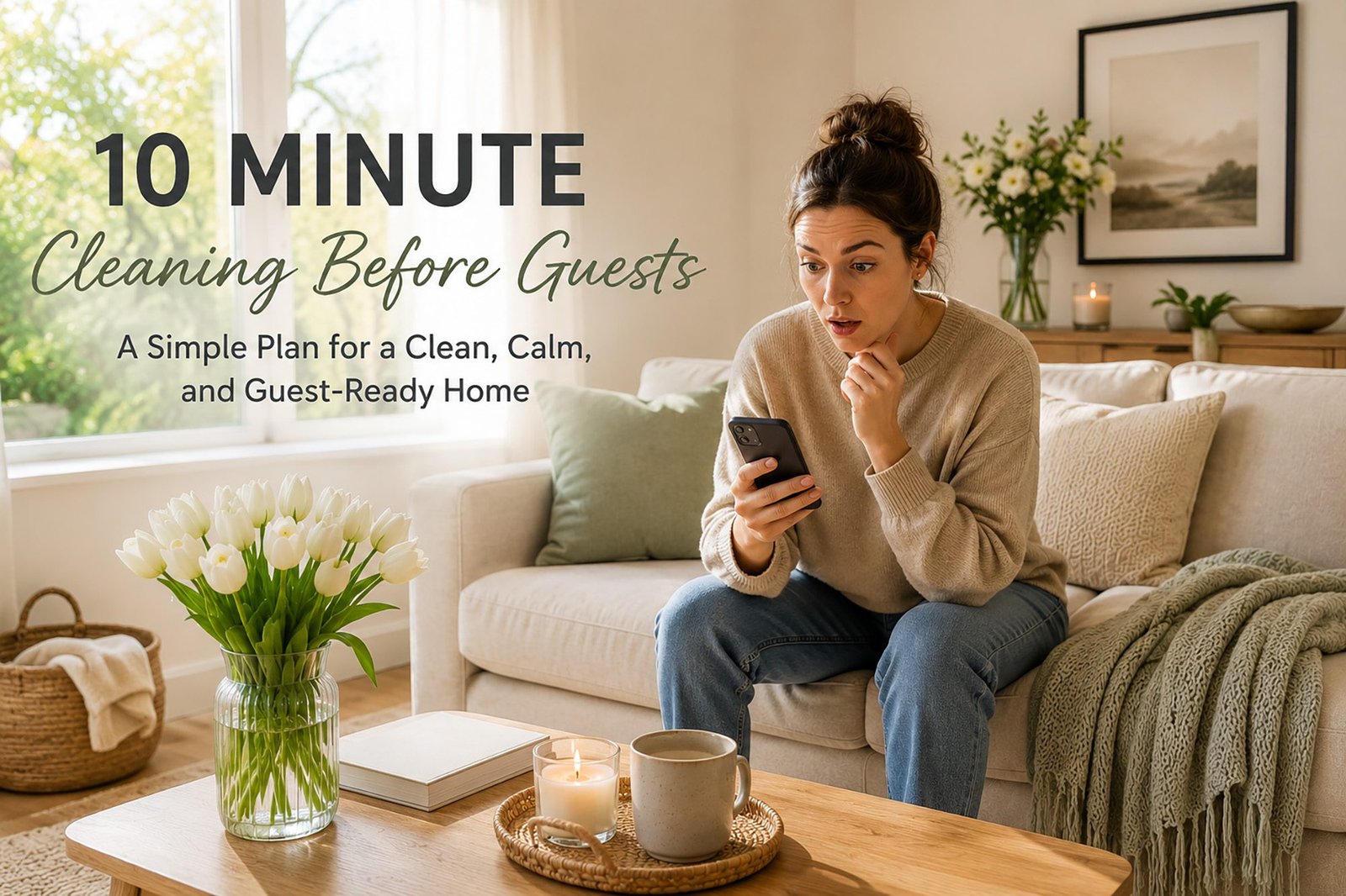 Woman checking her phone in a bright living room, realizing guests are coming soon. The cozy space features fresh flowers, natural light, and a welcoming atmosphere.