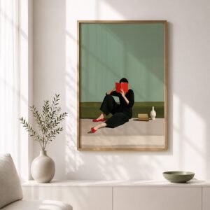 Woman reading wall art displayed in a calm modern living room.