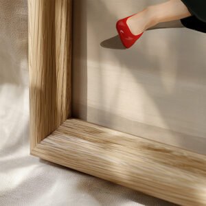 Close-up mockup of woman reading wall art in a vertical frame.